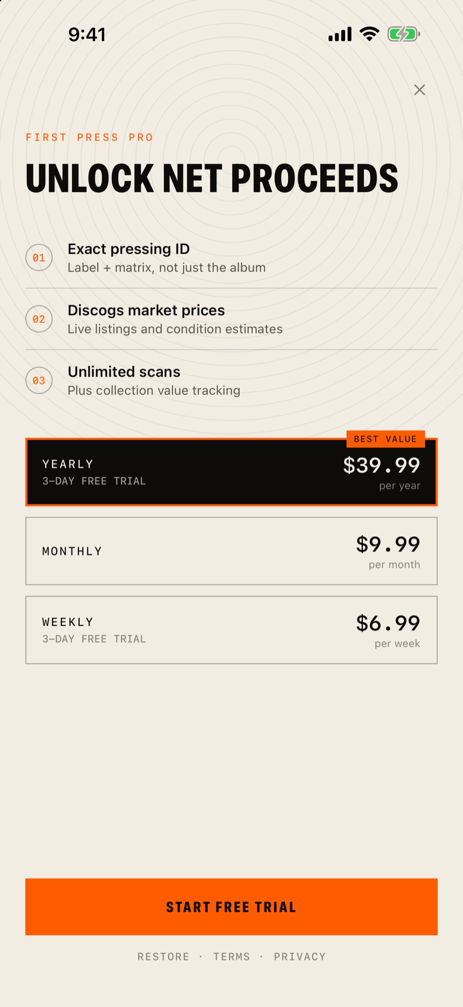 The subscription screen