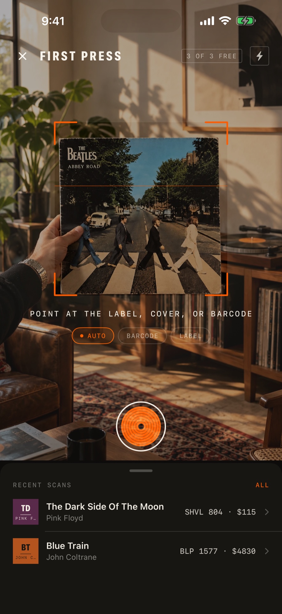 The scanner framing an Abbey Road sleeve
